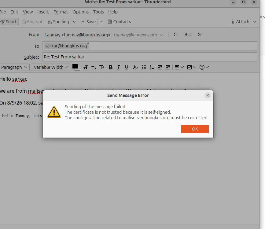 Thunderbird Send Message Error saying the certificate is not trusted because it is self-signed