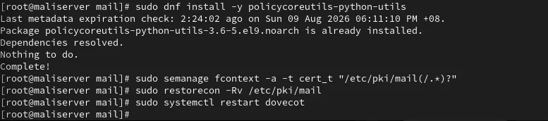 Terminal showing semanage fcontext and restorecon commands on /etc/pki/mail