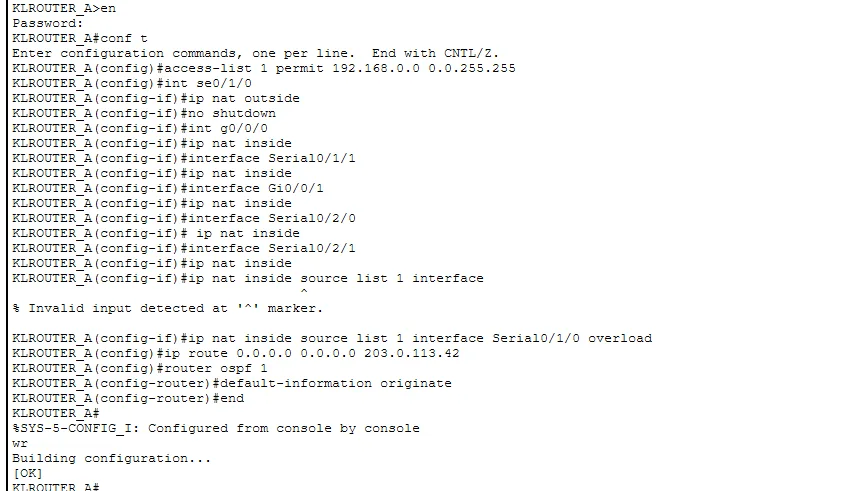KLROUTER_A configuration with access-list, ip nat outside, an invalid input error, then the overload command
